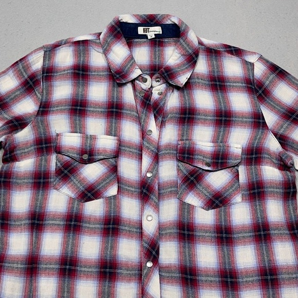 Kut From The Cloth Flannel Shirt Women Medium Plaid Button Down Roll Up Sleeve - Picture 2 of 12